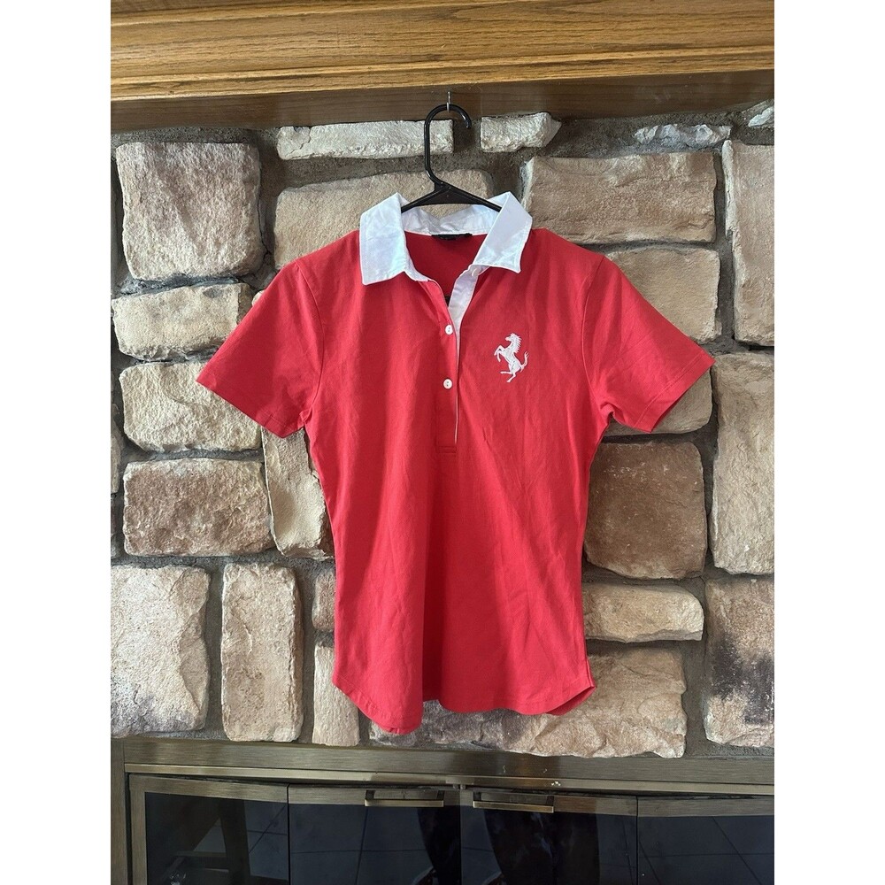 VTG 90s Ferrari S Women Red Logo White Satin Collar Short Sleeve Polo Shirt Y2K